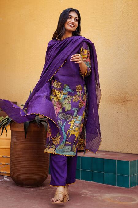 Shop Aindhri By Mahitha Purple Silk, Rayon, Notched Neck Kalamkari Kurta Pant Set at Aza Fashions Shop_Aindhri By Mahitha_Purple Silk, Rayon, Notched Neck Kalamkari Kurta Pant Set_at_Aza_Fashions