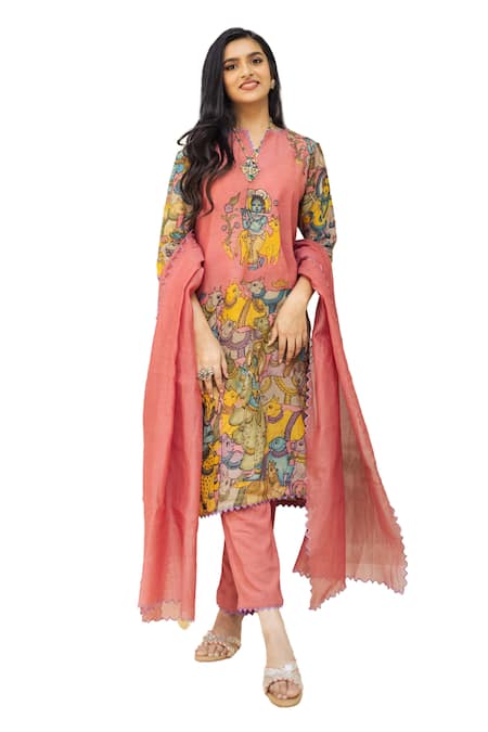 Shop Aindhri By Mahitha Pink Silk, Rayon, Hand Painted Kalamkari Kurta Pant Set Online at Aza Fashions Shop_Aindhri By Mahitha_Pink Silk, Rayon, Hand Painted Kalamkari Kurta Pant Set _Online_at_Aza_Fashions