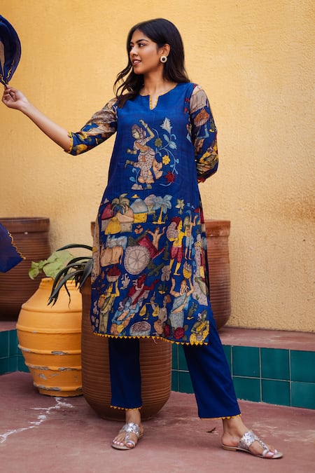 Buy Aindhri By Mahitha Blue Silk, Rayon, Chanderi Embroidery Hand Painted Fisherman Kalamkari Kurta Set Online at Aza Fashions Buy_Aindhri By Mahitha_Blue Silk, Rayon, Chanderi Embroidery Hand Painted Fisherman Kalamkari Kurta Set_Online_at_Aza_Fashions