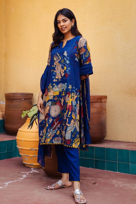 Shop Aindhri By Mahitha Blue Silk, Rayon, Chanderi Embroidery Hand Painted Fisherman Kalamkari Kurta Set Online at Aza Fashions Shop_Aindhri By Mahitha_Blue Silk, Rayon, Chanderi Embroidery Hand Painted Fisherman Kalamkari Kurta Set_Online_at_Aza_Fashions