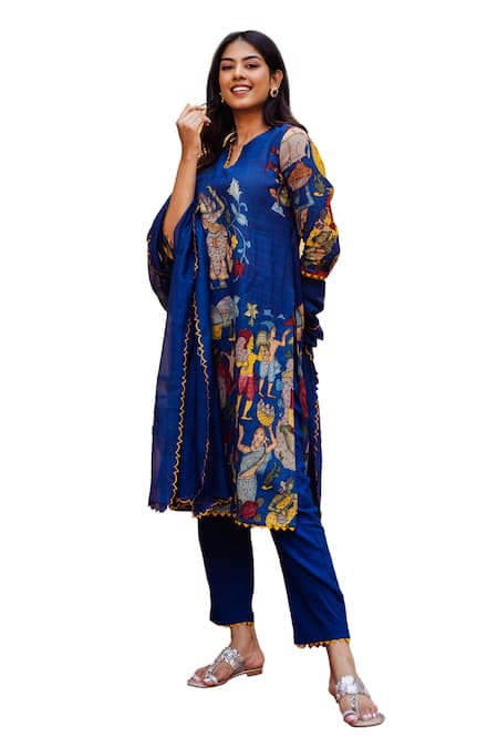 Aindhri By Mahitha Blue Silk, Rayon, Chanderi Embroidery Hand Painted Fisherman Kalamkari Kurta Set at Aza Fashions Aindhri By Mahitha_Blue Silk, Rayon, Chanderi Embroidery Hand Painted Fisherman Kalamkari Kurta Set_at_Aza_Fashions