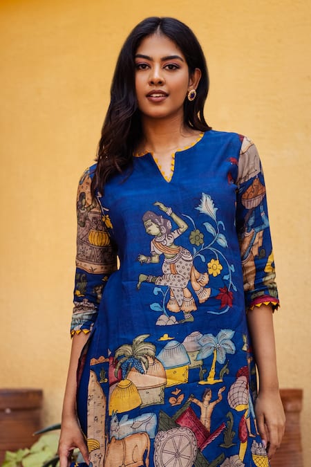 Buy Aindhri By Mahitha Blue Silk, Rayon, Chanderi Embroidery Hand Painted Fisherman Kalamkari Kurta Set Buy_Aindhri By Mahitha_Blue Silk, Rayon, Chanderi Embroidery Hand Painted Fisherman Kalamkari Kurta Set