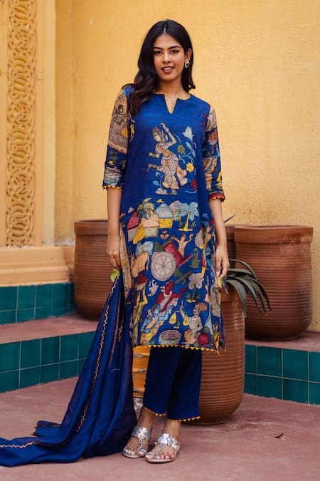 aindhri by mahitha Blue Kurta Chennur Silk Hand Painted Fisherman Kalamkari Notched Pant Set 