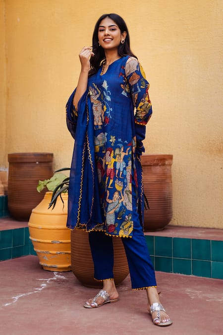 Shop Aindhri By Mahitha Blue Silk, Rayon, Chanderi Embroidery Hand Painted Fisherman Kalamkari Kurta Set at Aza Fashions Shop_Aindhri By Mahitha_Blue Silk, Rayon, Chanderi Embroidery Hand Painted Fisherman Kalamkari Kurta Set_at_Aza_Fashions