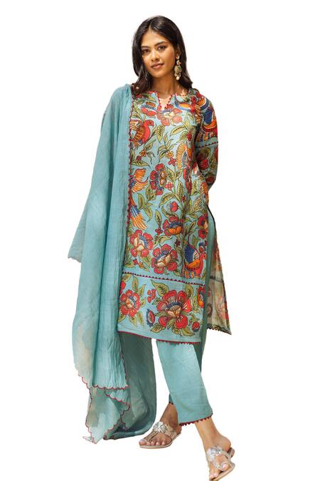 Aindhri By Mahitha Blue Silk, Rayon, Embroidery Kalamkari Hand Painted Kurta Set Online at Aza Fashions Aindhri By Mahitha_Blue Silk, Rayon, Embroidery Kalamkari Hand Painted Kurta Set_Online_at_Aza_Fashions