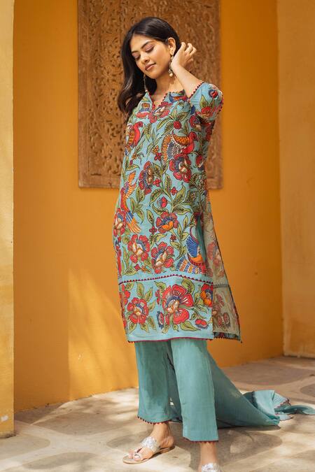 Buy Aindhri By Mahitha Blue Silk, Rayon, Embroidery Kalamkari Hand Painted Kurta Set Online at Aza Fashions Buy_Aindhri By Mahitha_Blue Silk, Rayon, Embroidery Kalamkari Hand Painted Kurta Set_Online_at_Aza_Fashions