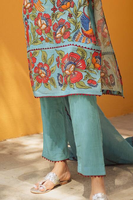 Shop Aindhri By Mahitha Blue Silk, Rayon, Embroidery Kalamkari Hand Painted Kurta Set Online at Aza Fashions Shop_Aindhri By Mahitha_Blue Silk, Rayon, Embroidery Kalamkari Hand Painted Kurta Set_Online_at_Aza_Fashions