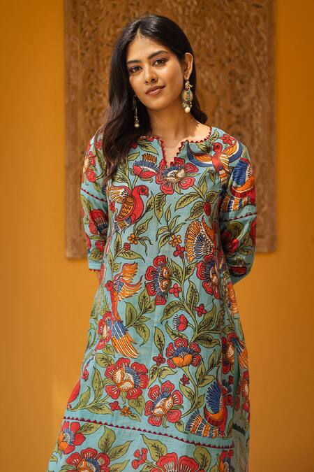 Aindhri By Mahitha Blue Silk, Rayon, Embroidery Kalamkari Hand Painted Kurta Set at Aza Fashions Aindhri By Mahitha_Blue Silk, Rayon, Embroidery Kalamkari Hand Painted Kurta Set_at_Aza_Fashions