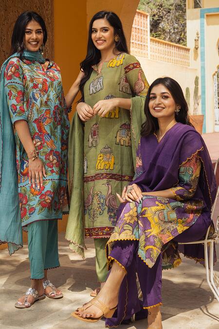 Buy Aindhri By Mahitha Blue Silk, Rayon, Embroidery Kalamkari Hand Painted Kurta Set Buy_Aindhri By Mahitha_Blue Silk, Rayon, Embroidery Kalamkari Hand Painted Kurta Set