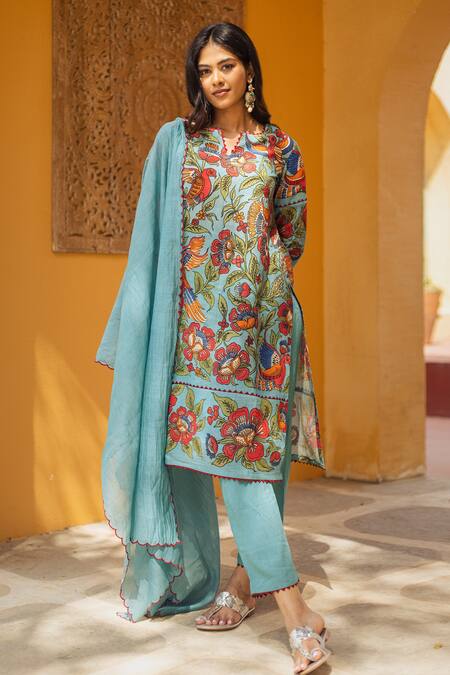 Shop Aindhri By Mahitha Blue Silk, Rayon, Embroidery Kalamkari Hand Painted Kurta Set at Aza Fashions Shop_Aindhri By Mahitha_Blue Silk, Rayon, Embroidery Kalamkari Hand Painted Kurta Set_at_Aza_Fashions