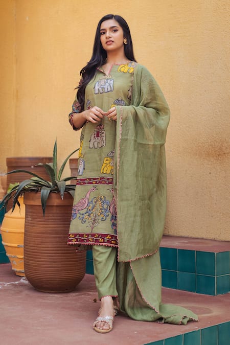 aindhri by mahitha Elephant Kalamkari Kurta Pant Set 