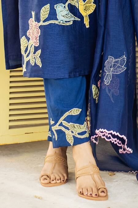 Aindhri By Mahitha Navy Silk, Cotton, Rayon, Chanderi Embroidery, Birds Kalamkari Kurta Set Online at Aza Fashions Aindhri By Mahitha_Navy Silk, Cotton, Rayon, Chanderi Embroidery, Birds Kalamkari Kurta Set_Online_at_Aza_Fashions