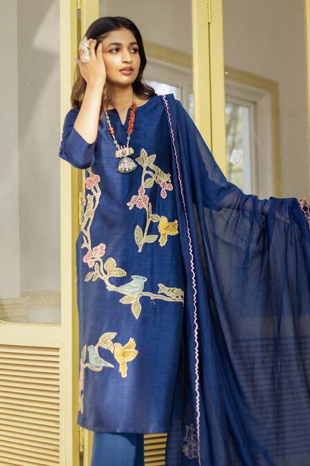 Shop Aindhri By Mahitha Navy Silk, Cotton, Rayon, Chanderi Embroidery, Birds Kalamkari Kurta Set Online at Aza Fashions Shop_Aindhri By Mahitha_Navy Silk, Cotton, Rayon, Chanderi Embroidery, Birds Kalamkari Kurta Set_Online_at_Aza_Fashions