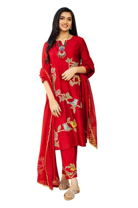 Aindhri By Mahitha Red Silk, Rayon, Embroidery Notched Kalamkari Kurta Pant Set Online at Aza Fashions Aindhri By Mahitha_Red Silk, Rayon, Embroidery Notched Kalamkari Kurta Pant Set_Online_at_Aza_Fashions
