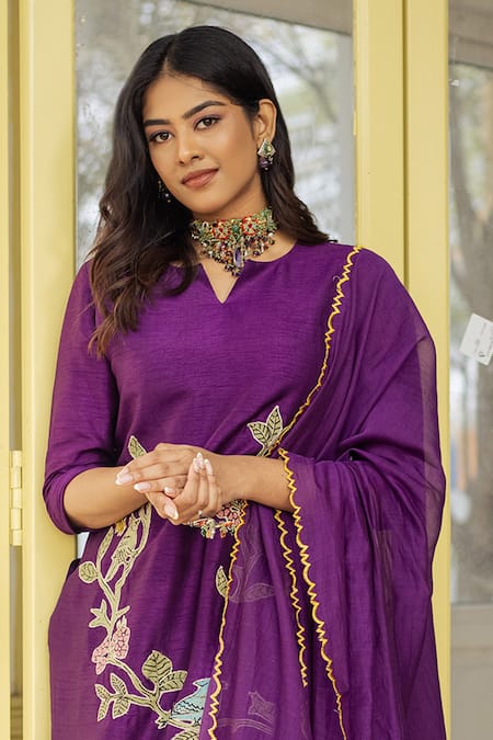 Aindhri By Mahitha Purple Silk, Rayon, Embroidery Kalamkari Birds Kurta Pant Set Online at Aza Fashions Aindhri By Mahitha_Purple Silk, Rayon, Embroidery Kalamkari Birds Kurta Pant Set_Online_at_Aza_Fashions
