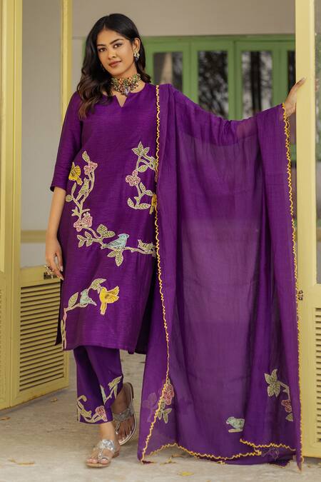 Buy Aindhri By Mahitha Purple Silk, Rayon, Embroidery Kalamkari Birds Kurta Pant Set Online at Aza Fashions Buy_Aindhri By Mahitha_Purple Silk, Rayon, Embroidery Kalamkari Birds Kurta Pant Set_Online_at_Aza_Fashions