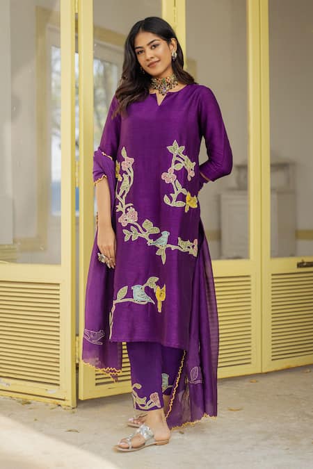 aindhri by mahitha Purple Kurta Chennur Silk Hand Painted Birds Kalamkari Notched Pant Set 