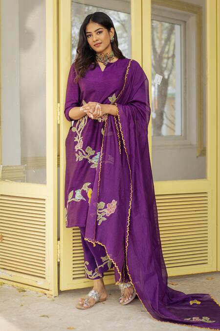 Shop Aindhri By Mahitha Purple Silk, Rayon, Embroidery Kalamkari Birds Kurta Pant Set at Aza Fashions Shop_Aindhri By Mahitha_Purple Silk, Rayon, Embroidery Kalamkari Birds Kurta Pant Set_at_Aza_Fashions