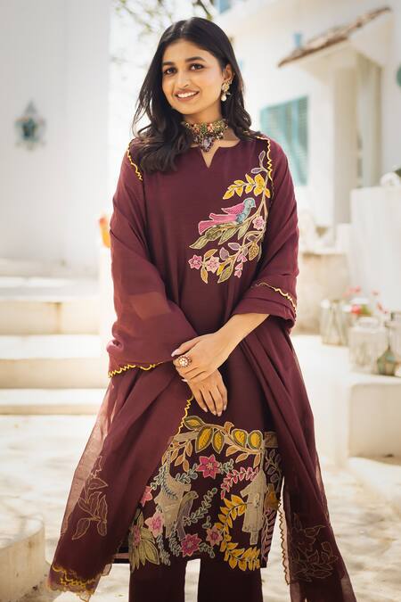 Aindhri By Mahitha Wine Silk, Rayon, Embroidery, Humming Bird Kalamkari Kurta Set at Aza Fashions Aindhri By Mahitha_Wine Silk, Rayon, Embroidery, Humming Bird Kalamkari Kurta Set_at_Aza_Fashions
