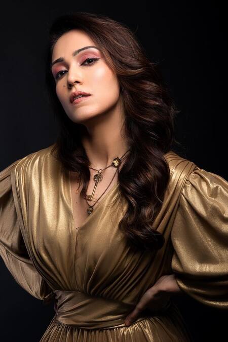 Buy_House Of Fett_Gold 100% Knit Fabric Plain V Neck Tiered Gown