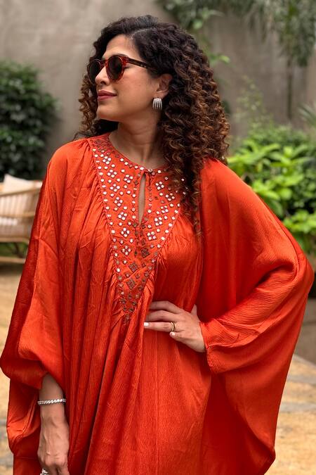 House Of Fett_Orange Satin Embroidery, Mirrors Round Neck Spice Pear Mosaic Yoke Kaftan _at_Aza_Fashions