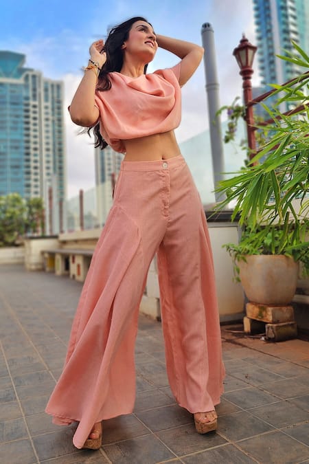 Shop_House Of Fett_Peach Linen Cowl Neck Tarsus Top With Pant