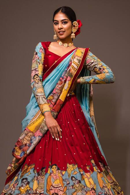 Aindhri By Mahitha Red Chanderi Silk Beads Round Neck Kalamkari Lehenga Set Online at Aza Fashions Aindhri By Mahitha_Red Chanderi Silk Beads Round Neck Kalamkari Lehenga Set_Online_at_Aza_Fashions