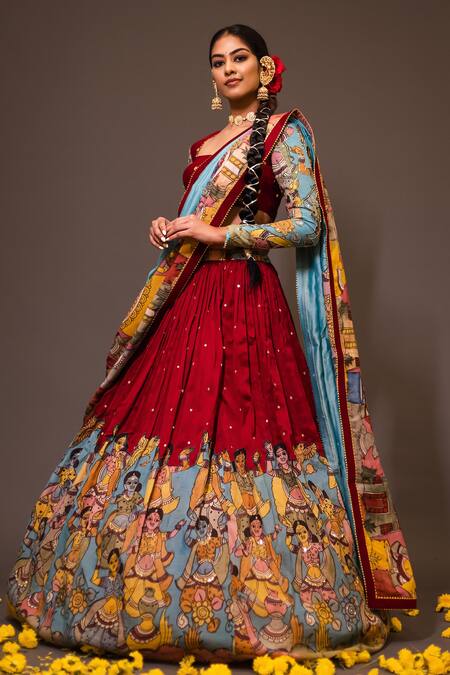 Shop Aindhri By Mahitha Red Chanderi Silk Beads Round Neck Kalamkari Lehenga Set at Aza Fashions Shop_Aindhri By Mahitha_Red Chanderi Silk Beads Round Neck Kalamkari Lehenga Set_at_Aza_Fashions
