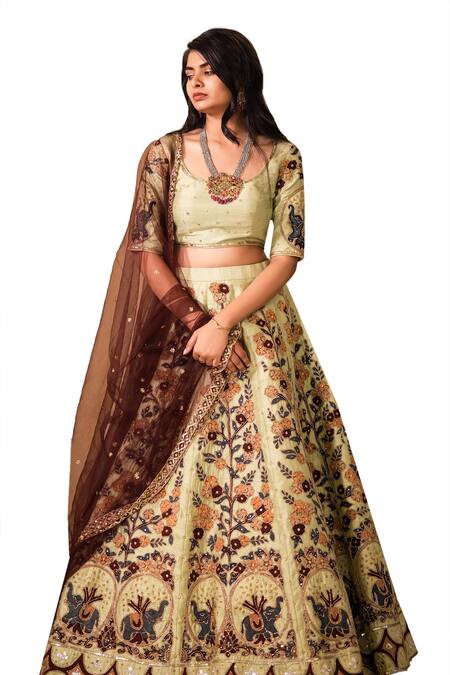 Buy Aindhri By Mahitha Green Silk, Net, Ramie Sequins, Beads Floral Embroidered Kalamkari Lehenga Set Online at Aza Fashions Buy_Aindhri By Mahitha_Green Silk, Net, Ramie Sequins, Beads Floral Embroidered Kalamkari Lehenga Set_Online_at_Aza_Fashions