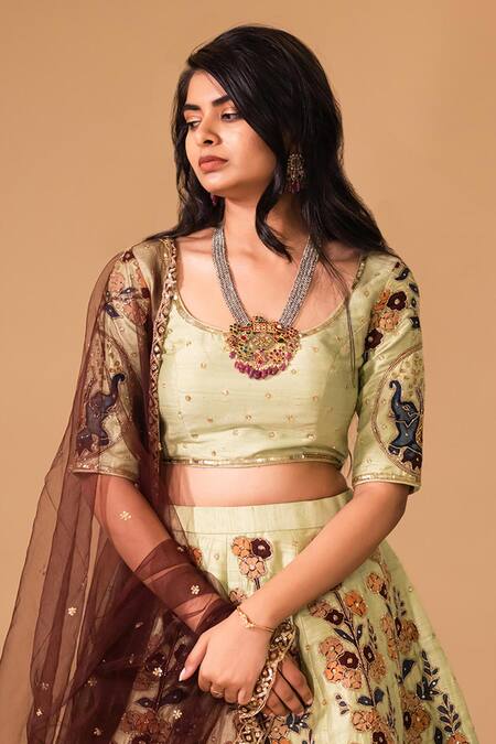 Shop Aindhri By Mahitha Green Silk, Net, Ramie Sequins, Beads Floral Embroidered Kalamkari Lehenga Set at Aza Fashions Shop_Aindhri By Mahitha_Green Silk, Net, Ramie Sequins, Beads Floral Embroidered Kalamkari Lehenga Set_at_Aza_Fashions