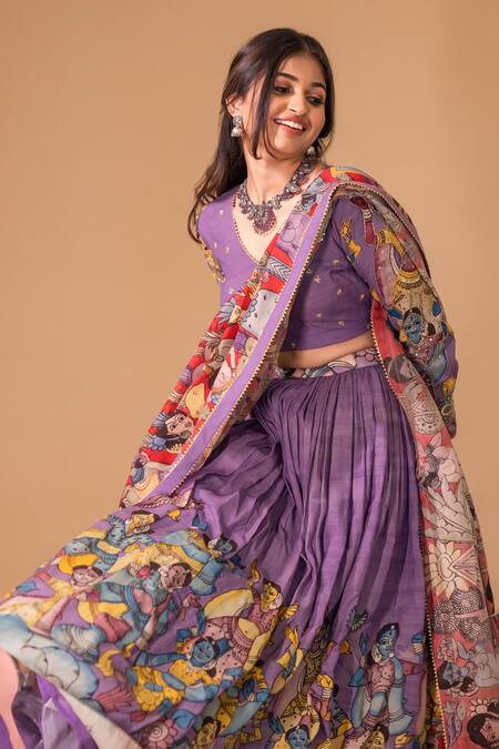 Aindhri By Mahitha_Purple , Chanderi Beads, Embroidery Ajantha Kalamkari Lehenga Set_Online_at_Aza_Fashions
