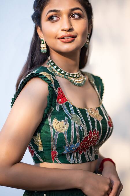 Aindhri By Mahitha_Emerald Green Chanderi , Georgette, Hand Painted Kalamkari Lehenga Set_Online_at_Aza_Fashions