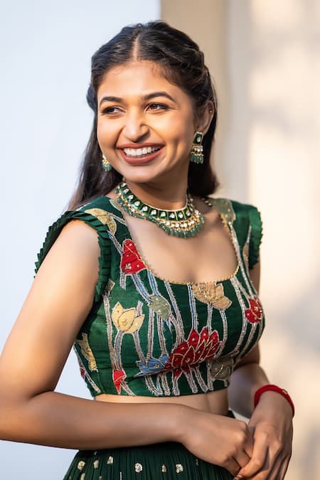 Buy_Aindhri By Mahitha_Emerald Green Chanderi , Georgette, Hand Painted Kalamkari Lehenga Set_Online_at_Aza_Fashions