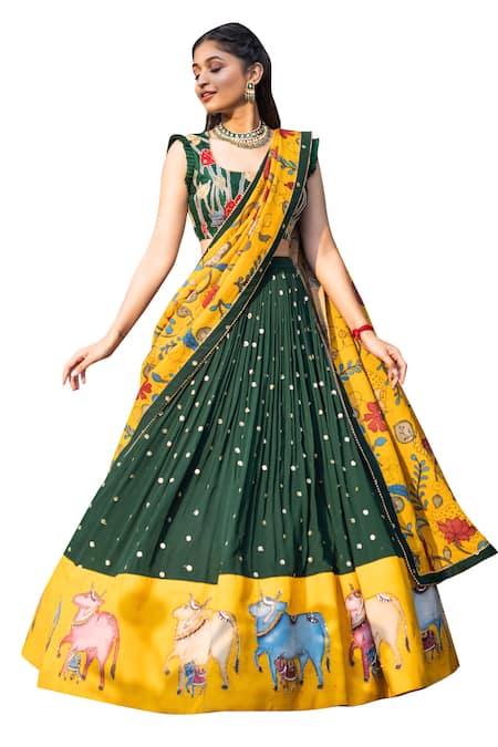 Shop_Aindhri By Mahitha_Emerald Green Chanderi , Georgette, Hand Painted Kalamkari Lehenga Set_Online_at_Aza_Fashions