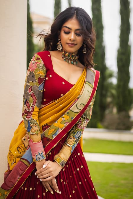Aindhri By Mahitha_Red Georgette, Chanderi Silk Beads, Kalamkari Hand Embroidered Lehenga Set_Online_at_Aza_Fashions
