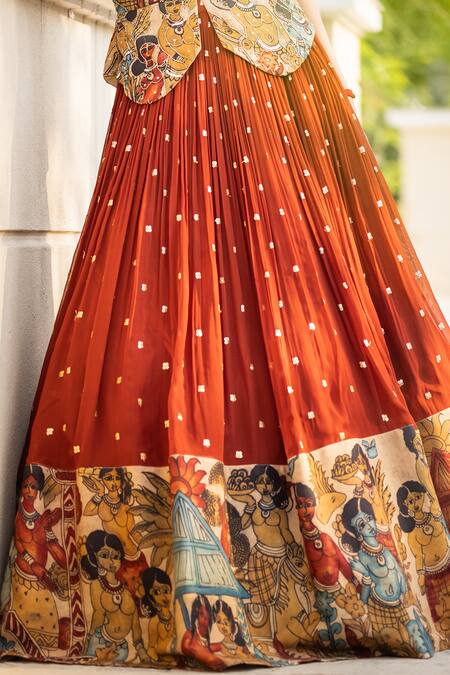 Buy Aindhri By Mahitha Red Georgette, Chanderi Silk Beads V-neck Kalamkari Peplum Blouse And Lehenga Set Online at Aza Fashions Buy_Aindhri By Mahitha_Red Georgette, Chanderi Silk Beads V-neck Kalamkari Peplum Blouse And Lehenga Set_Online_at_Aza_Fashions