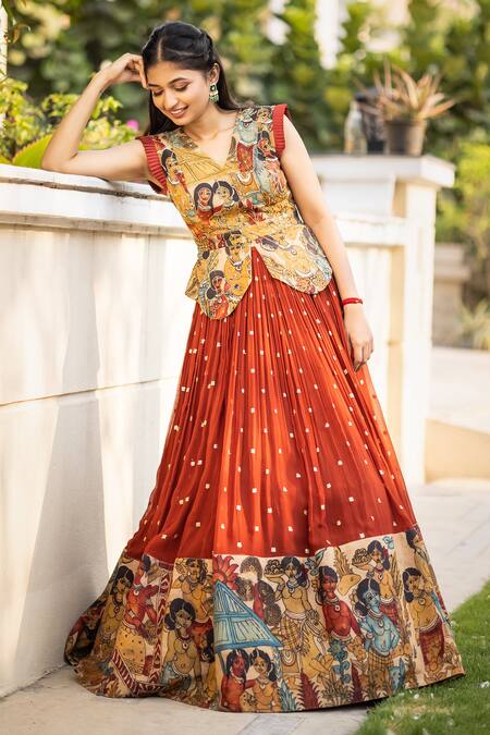 Shop Aindhri By Mahitha Red Georgette, Chanderi Silk Beads V-neck Kalamkari Peplum Blouse And Lehenga Set at Aza Fashions Shop_Aindhri By Mahitha_Red Georgette, Chanderi Silk Beads V-neck Kalamkari Peplum Blouse And Lehenga Set_at_Aza_Fashions