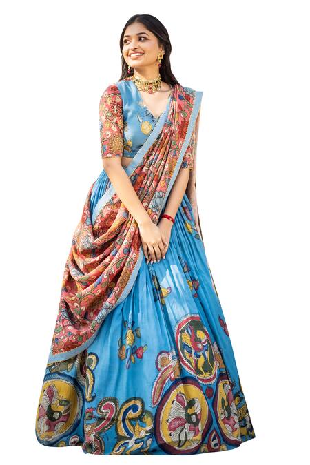 Aindhri By Mahitha_Blue , Chanderi Beads, Embroidery V-neck Kalamkari Lehenga Set_Online_at_Aza_Fashions