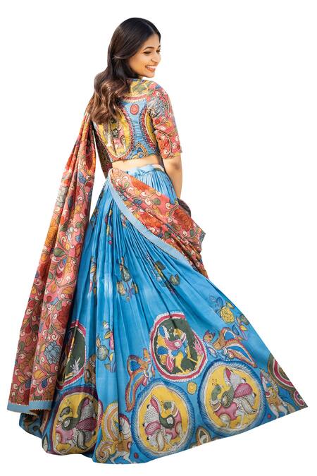 Buy_Aindhri By Mahitha_Blue , Chanderi Beads, Embroidery V-neck Kalamkari Lehenga Set_Online_at_Aza_Fashions