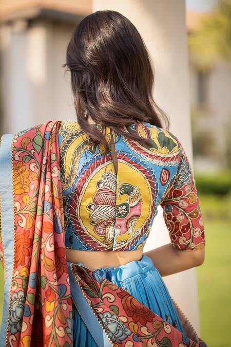 Aindhri By Mahitha_Blue , Chanderi Beads, Embroidery V-neck Kalamkari Lehenga Set_at_Aza_Fashions