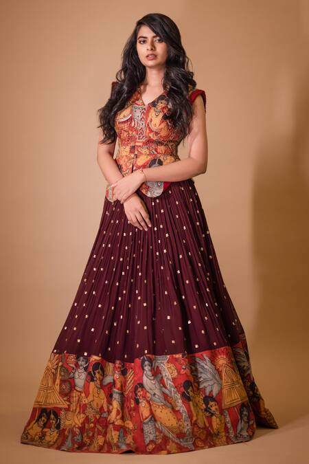 Aindhri By Mahitha_Maroon Georgette, , Chanderi Beads Hand Painted Kalamkari Lehenga Set_Online_at_Aza_Fashions