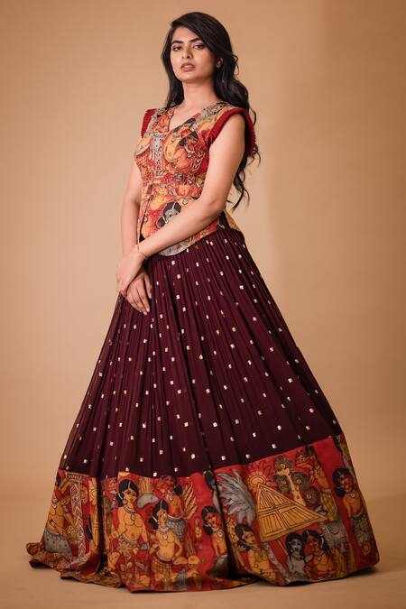 Buy_Aindhri By Mahitha_Maroon Georgette, , Chanderi Beads Hand Painted Kalamkari Lehenga Set_Online_at_Aza_Fashions