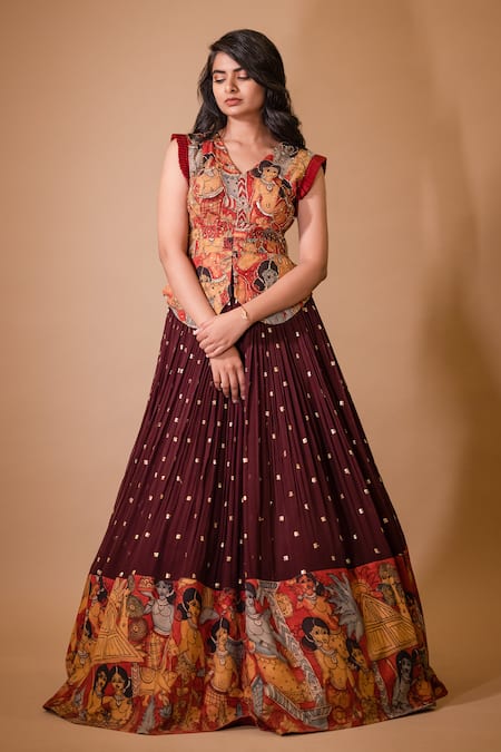 aindhri by mahitha Hand Painted Kalamkari Lehenga & Peplum Blouse Set 