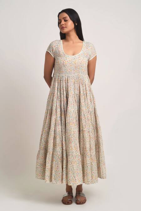 Barahmasi_Off White Cotton Hand Block Printed Floral Round Neck Kado Tiered Dress_Online_at_Aza_Fashions
