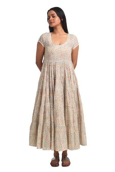 Buy_Barahmasi_Off White Cotton Hand Block Printed Floral Round Neck Kado Tiered Dress_Online_at_Aza_Fashions