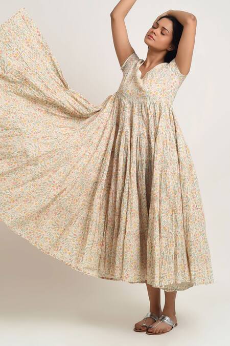 Shop_Barahmasi_Off White Cotton Hand Block Printed Floral Round Neck Kado Tiered Dress_Online_at_Aza_Fashions