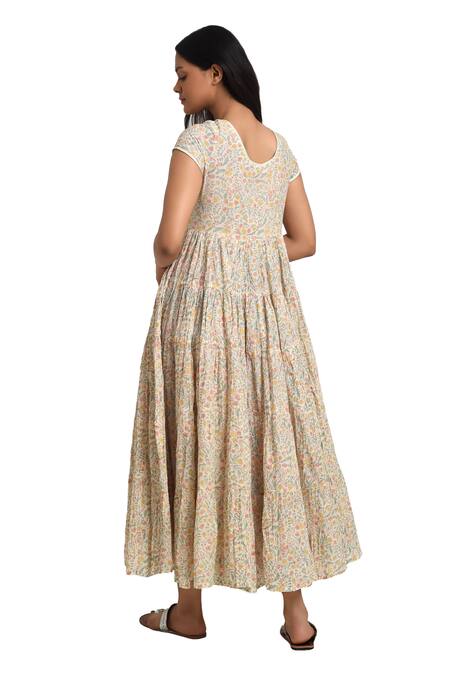 Barahmasi_Off White Cotton Hand Block Printed Floral Round Neck Kado Tiered Dress_at_Aza_Fashions