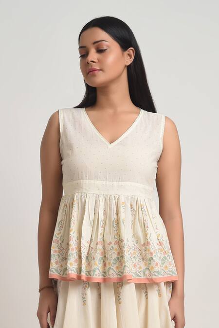 Buy_Barahmasi_Off White Cotton Hand Block Printed Floral V Neck Kado Skirt Set_Online_at_Aza_Fashions