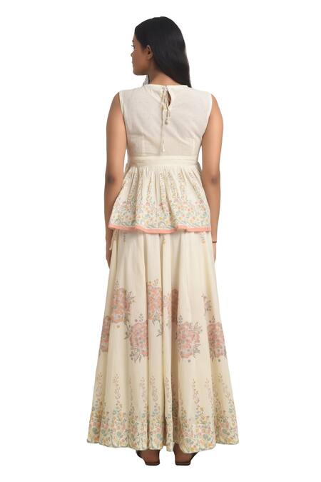 Buy_Barahmasi_Off White Cotton Hand Block Printed Floral V Neck Kado Skirt Set