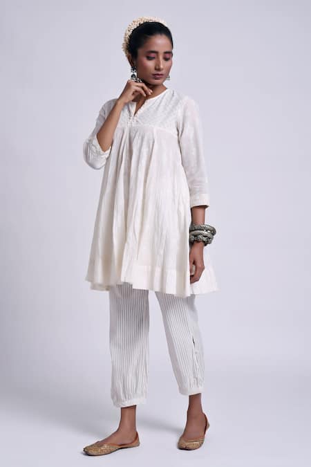 Barahmasi Off White Cotton Embroidery Thread Notched Meera Short Anarkali And Pant Set